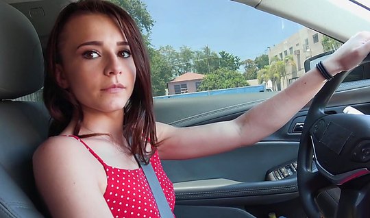 Young pretty woman driving a pick up artist makes a deep Blowjob