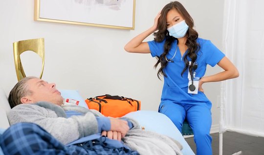 Asian in nurse uniform after masturbation fucks with her patient