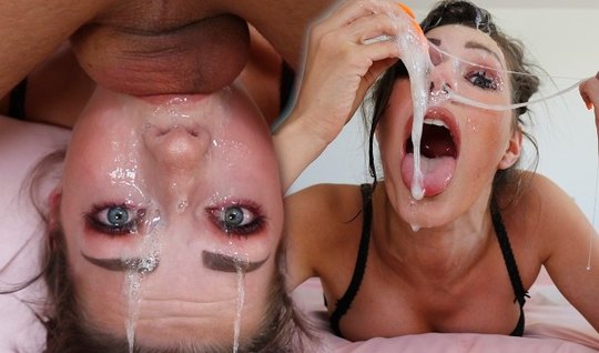 Pretty woman opened her mouth for a deep royal blowjob with a lot of sperm