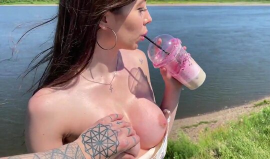 Tattooed cutie bent over with cancer in front of a guy in nature